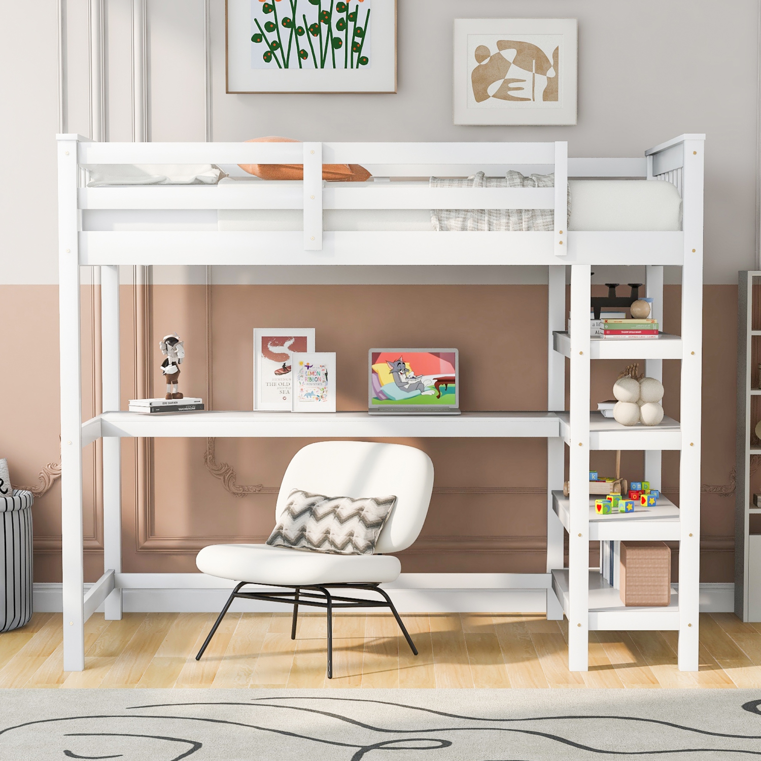 Twin Loft Bed w/ Storage, Desk & LED Light - White