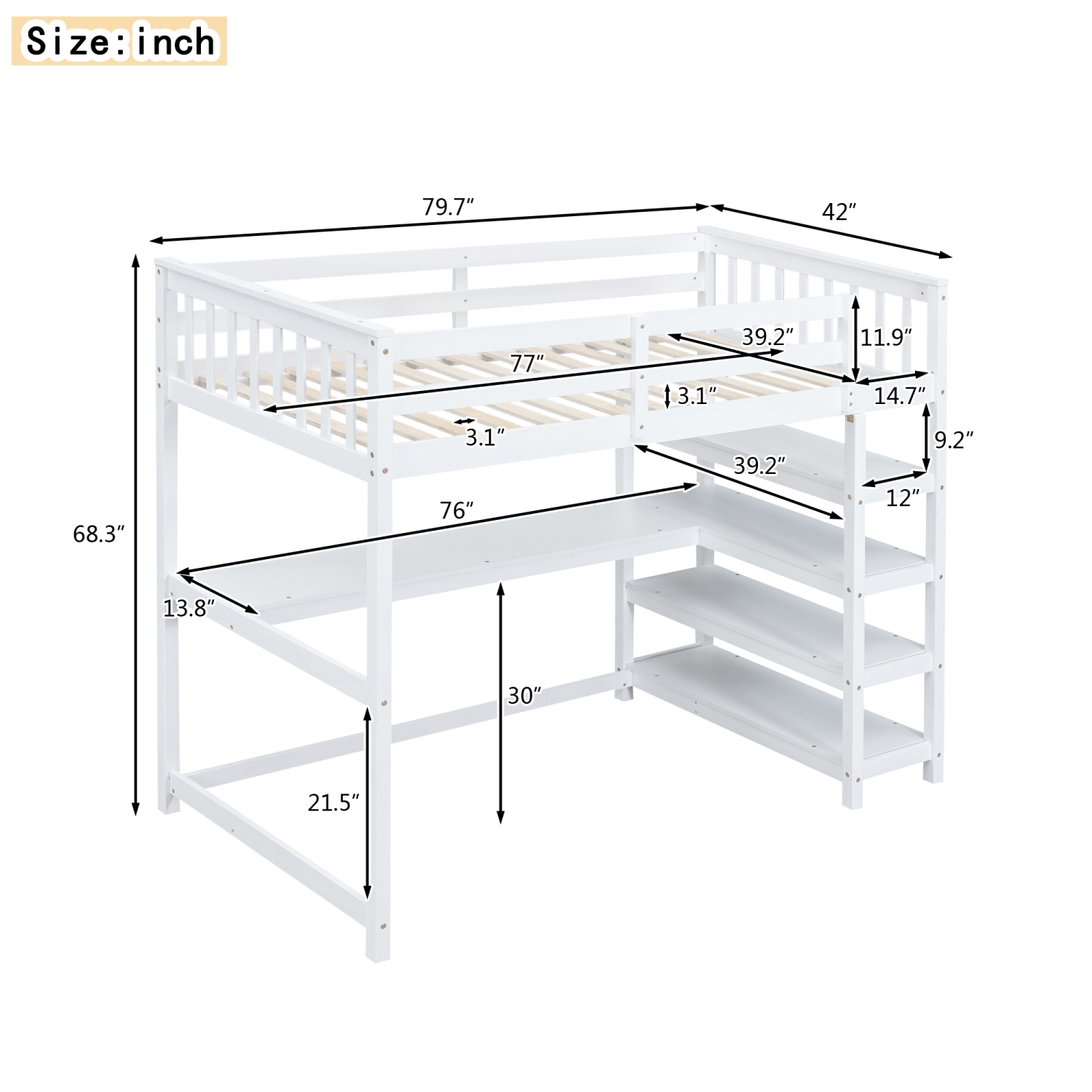 Twin Loft Bed w/ Storage, Desk & LED Light - White