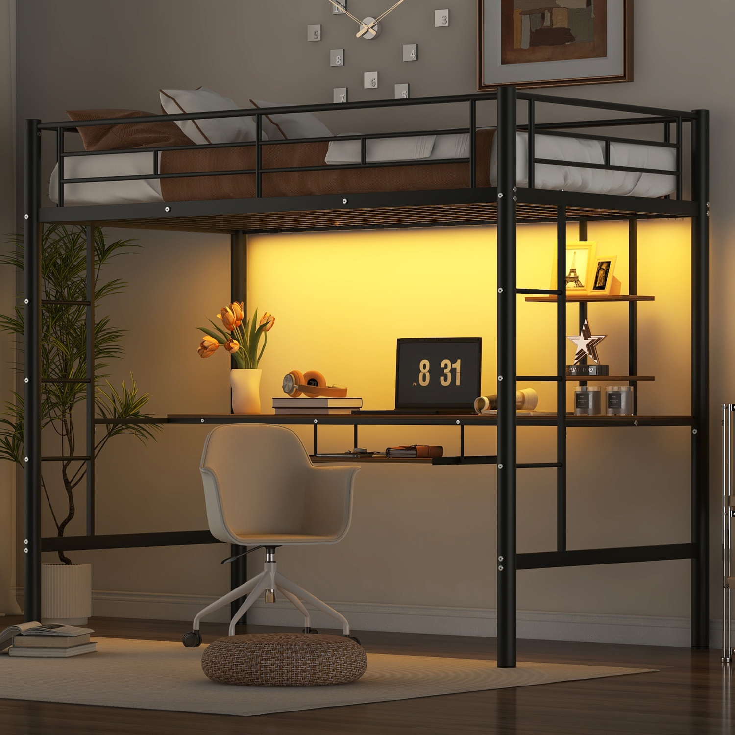 Loft Bed with Desk and Shelf , With LED Light, Space Saving Design,Twin