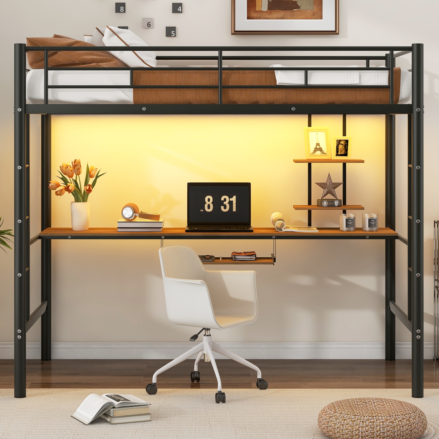 Loft Bed with Desk and Shelf , With LED Light, Space Saving Design,Twin