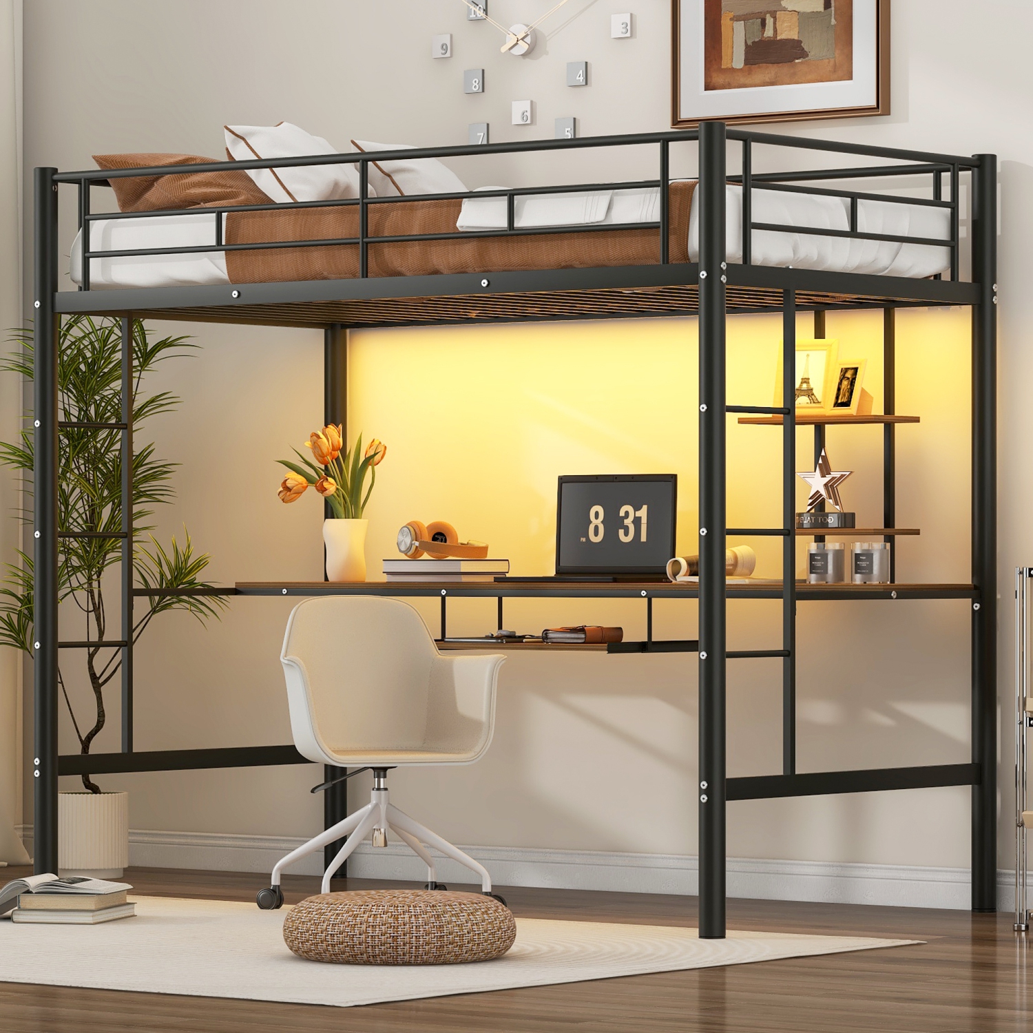 Loft Bed with Desk and Shelf , With LED Light, Space Saving Design,Twin