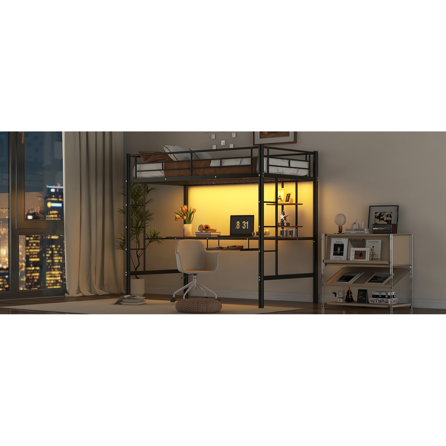 Loft Bed with Desk and Shelf , With LED Light, Space Saving Design,Twin
