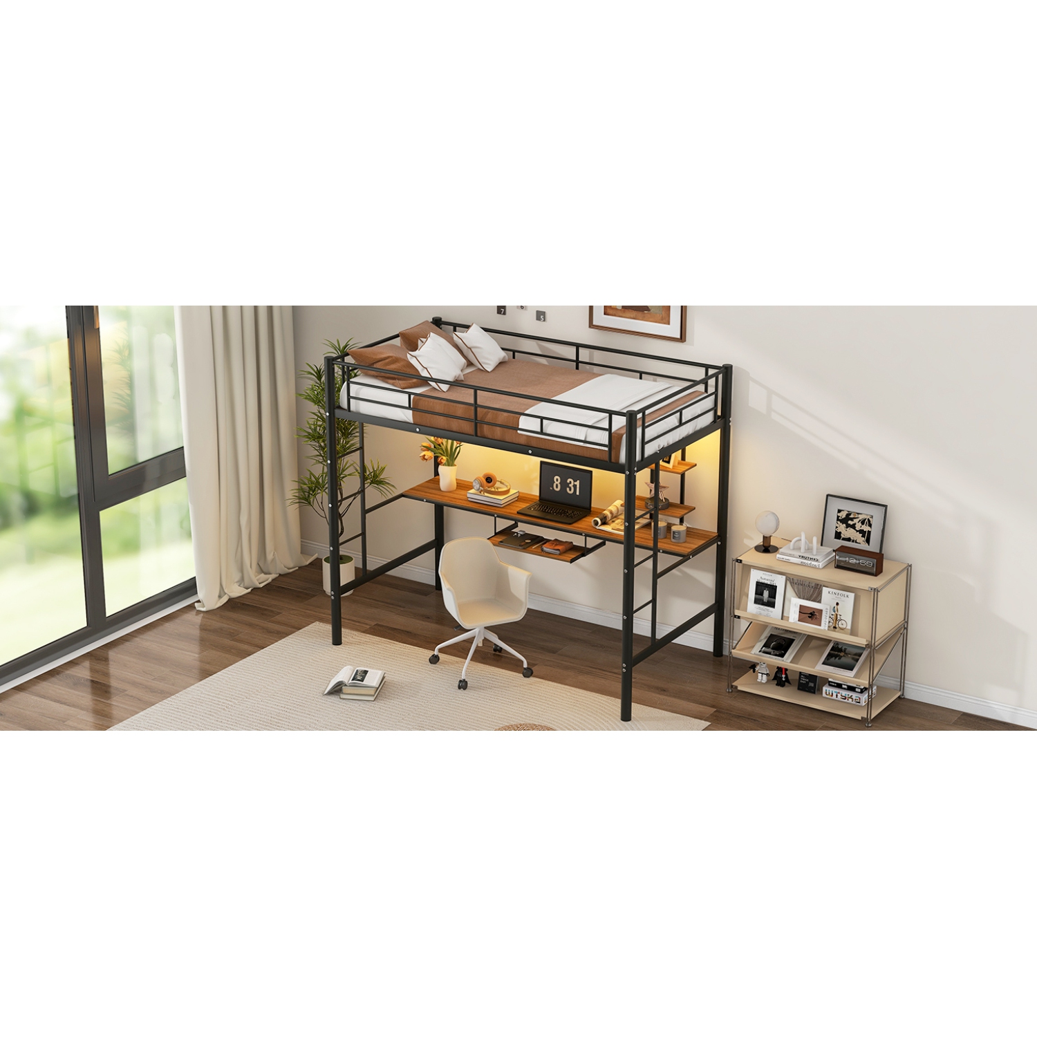 Loft Bed with Desk and Shelf , With LED Light, Space Saving Design,Twin