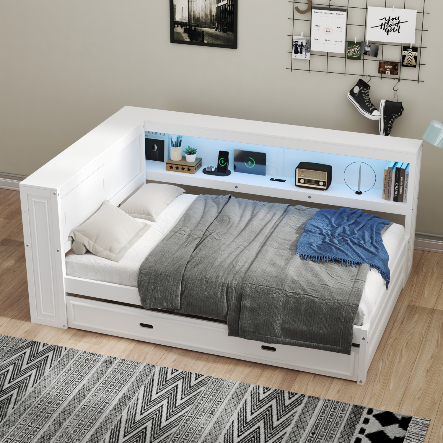 Full Size Wood Daybed with Storage Shelves, USB, LED, and Trundle, White