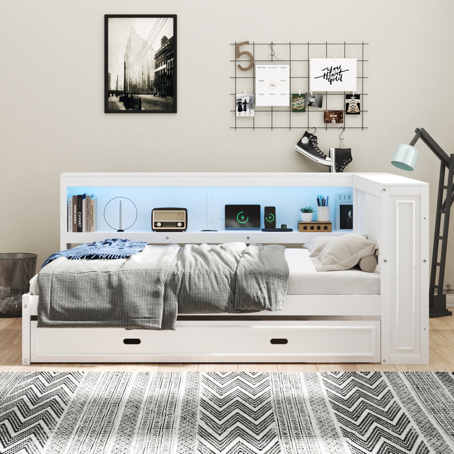 Full Size Wood Daybed with Storage Shelves, USB, LED, and Trundle, White