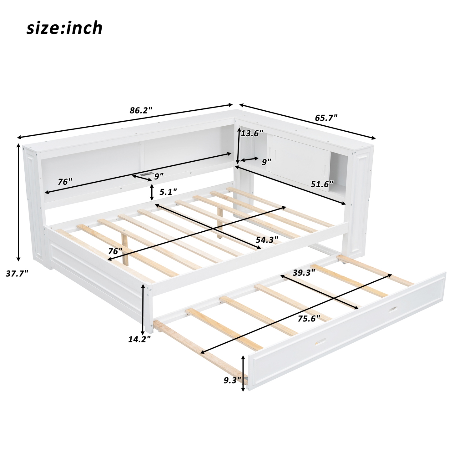 Full Size Wood Daybed with Storage Shelves, USB, LED, and Trundle, White