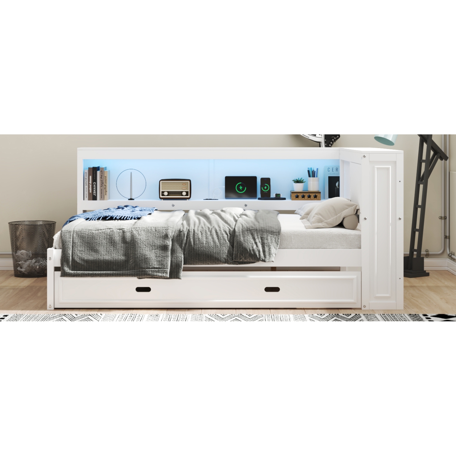 Full Size Wood Daybed with Storage Shelves, USB, LED, and Trundle, White