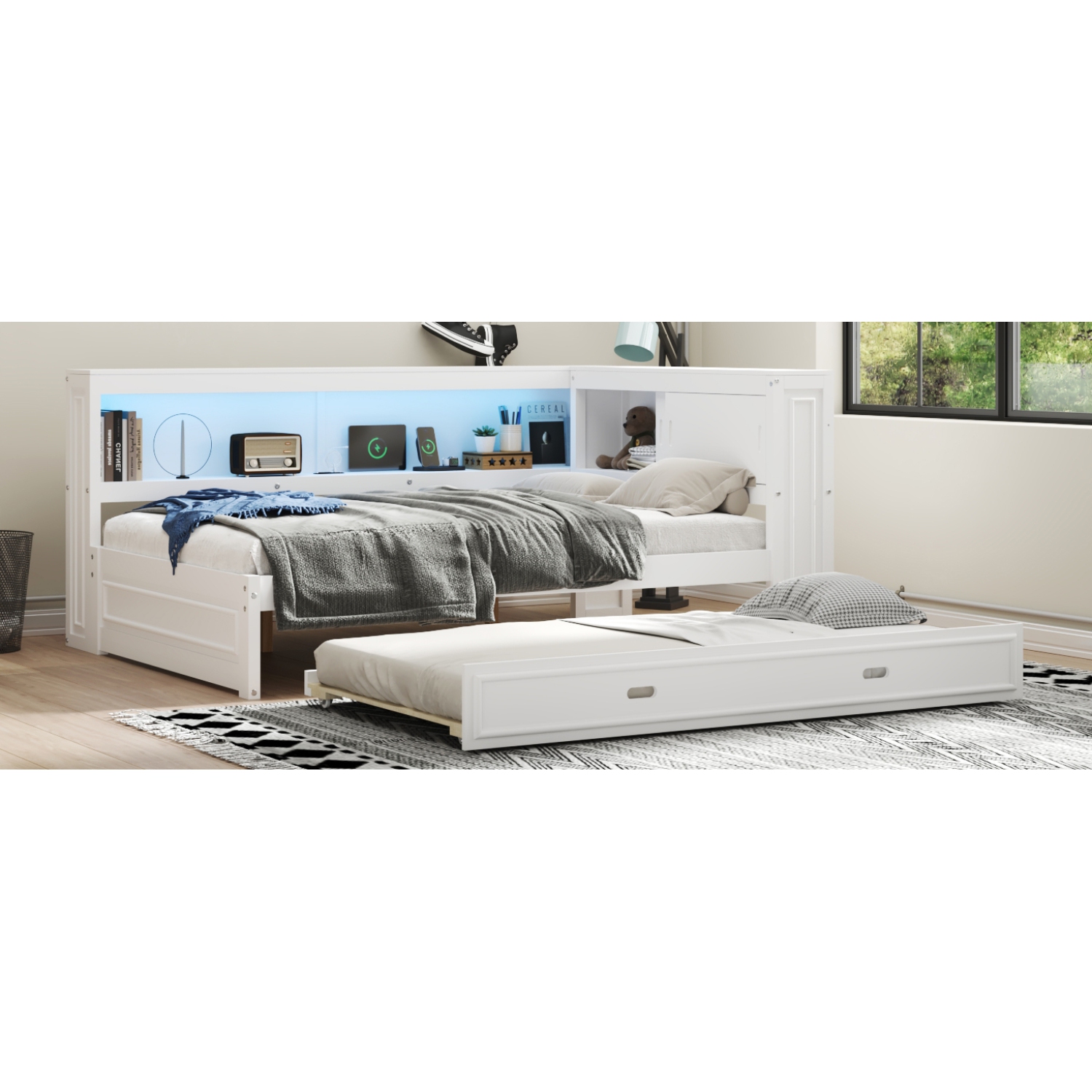 Full Size Wood Daybed with Storage Shelves, USB, LED, and Trundle, White