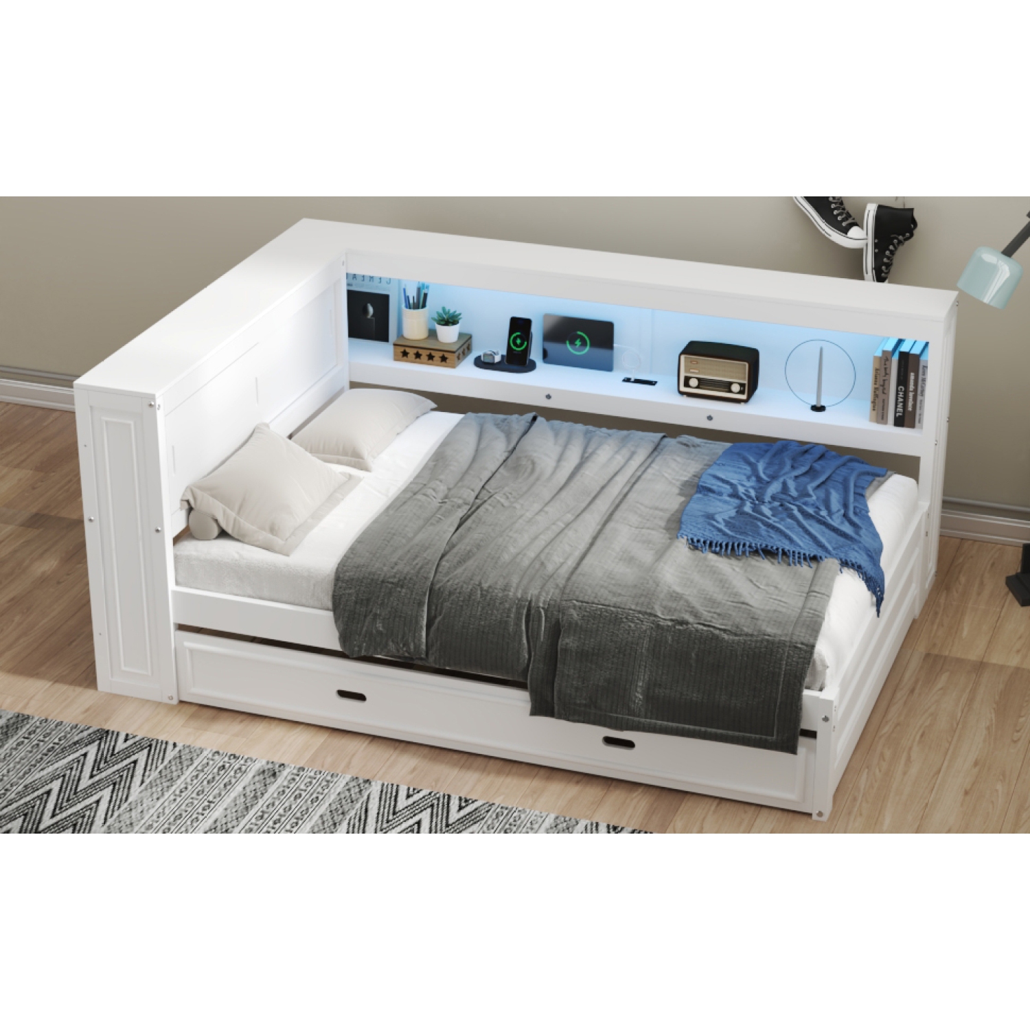Full Size Wood Daybed with Storage Shelves, USB, LED, and Trundle, White