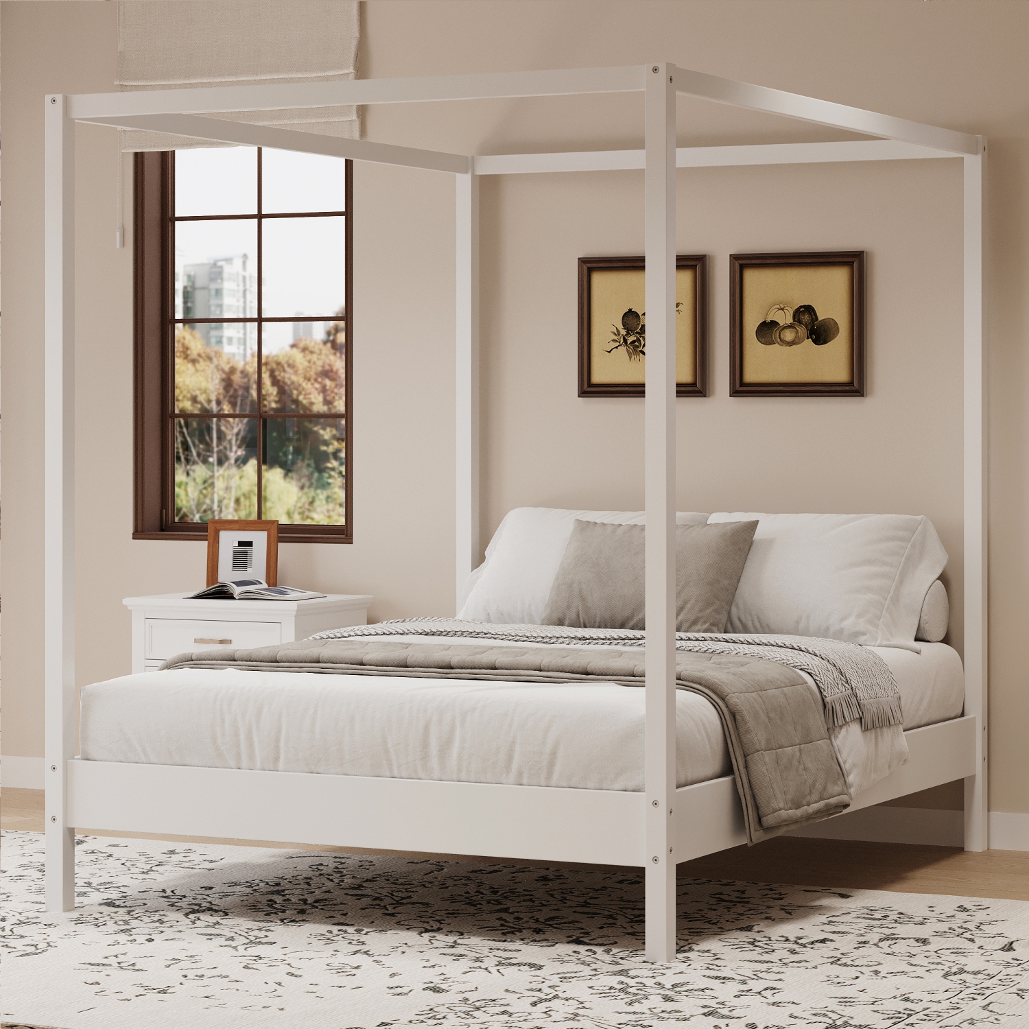 White Solid Wood King Canopy Bed Frame