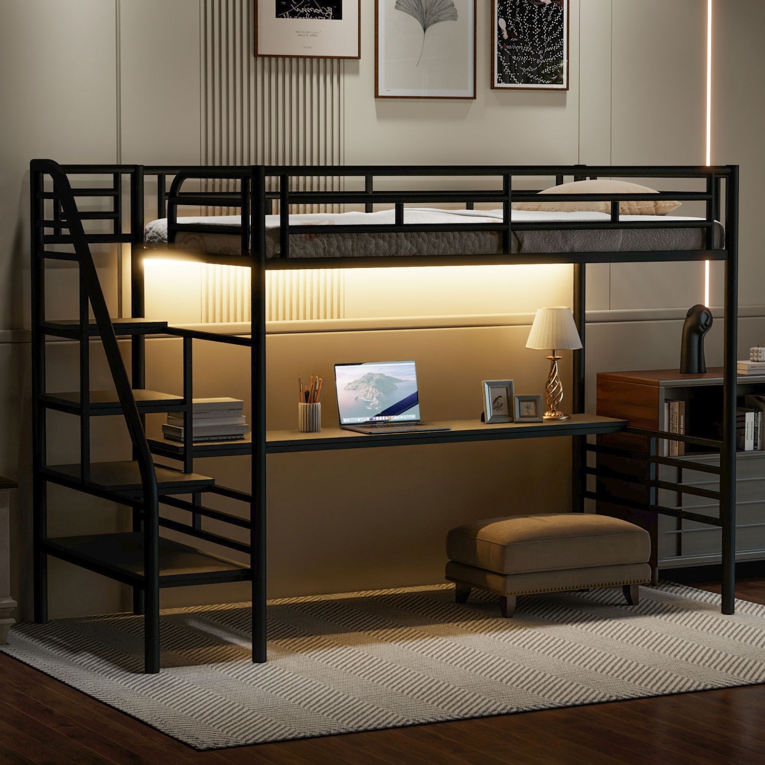 Metal Loft Bed Frame with Desk and LED Light, No Box Spring Needed,Twin ,Black