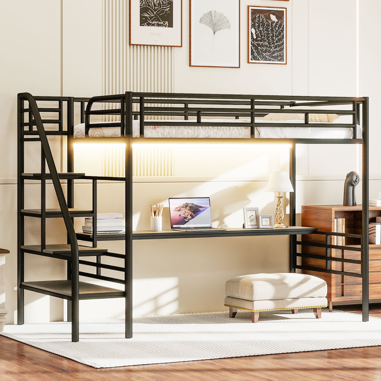 Metal Loft Bed Frame with Desk and LED Light, No Box Spring Needed,Twin ,Black