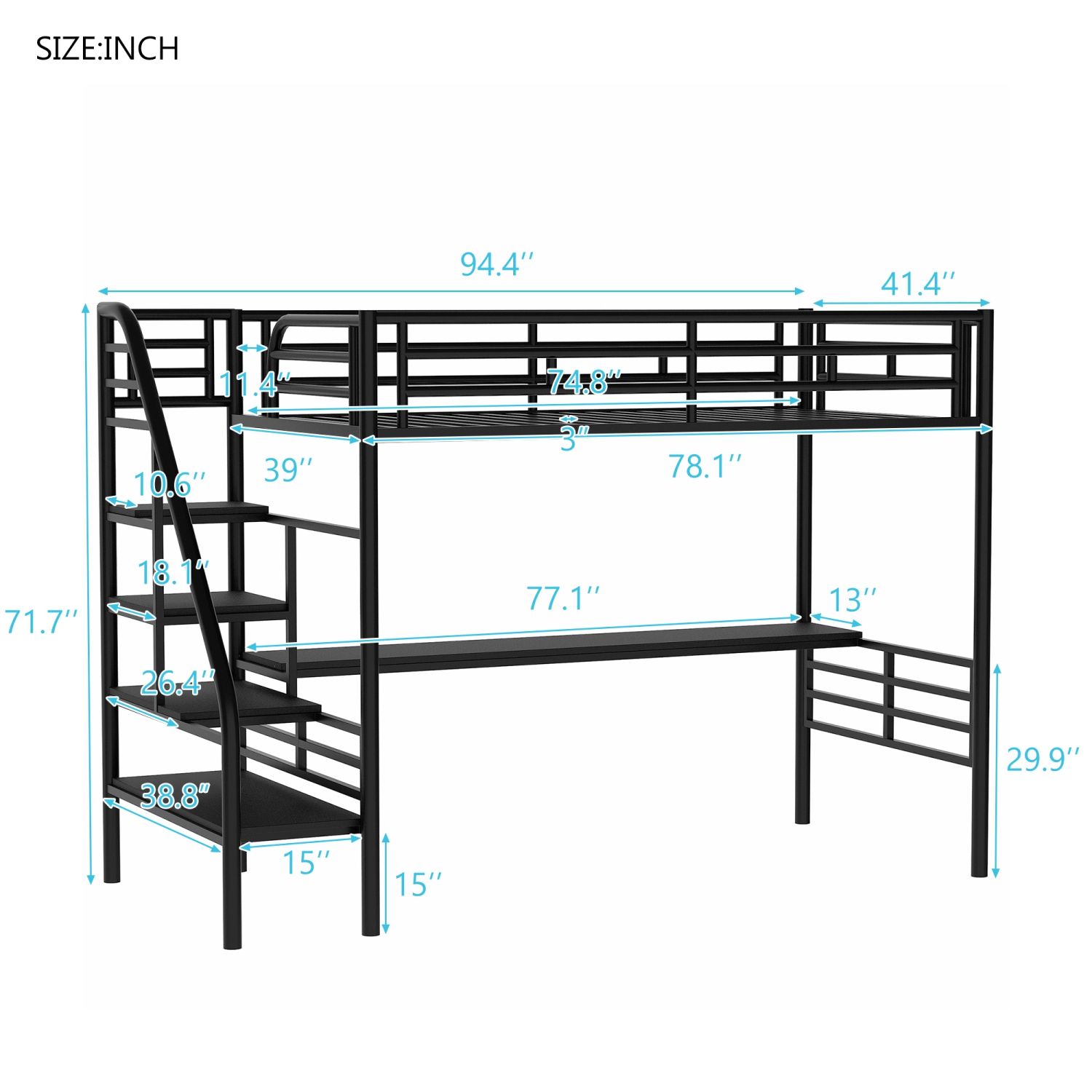 Metal Loft Bed Frame with Desk and LED Light, No Box Spring Needed,Twin ,Black