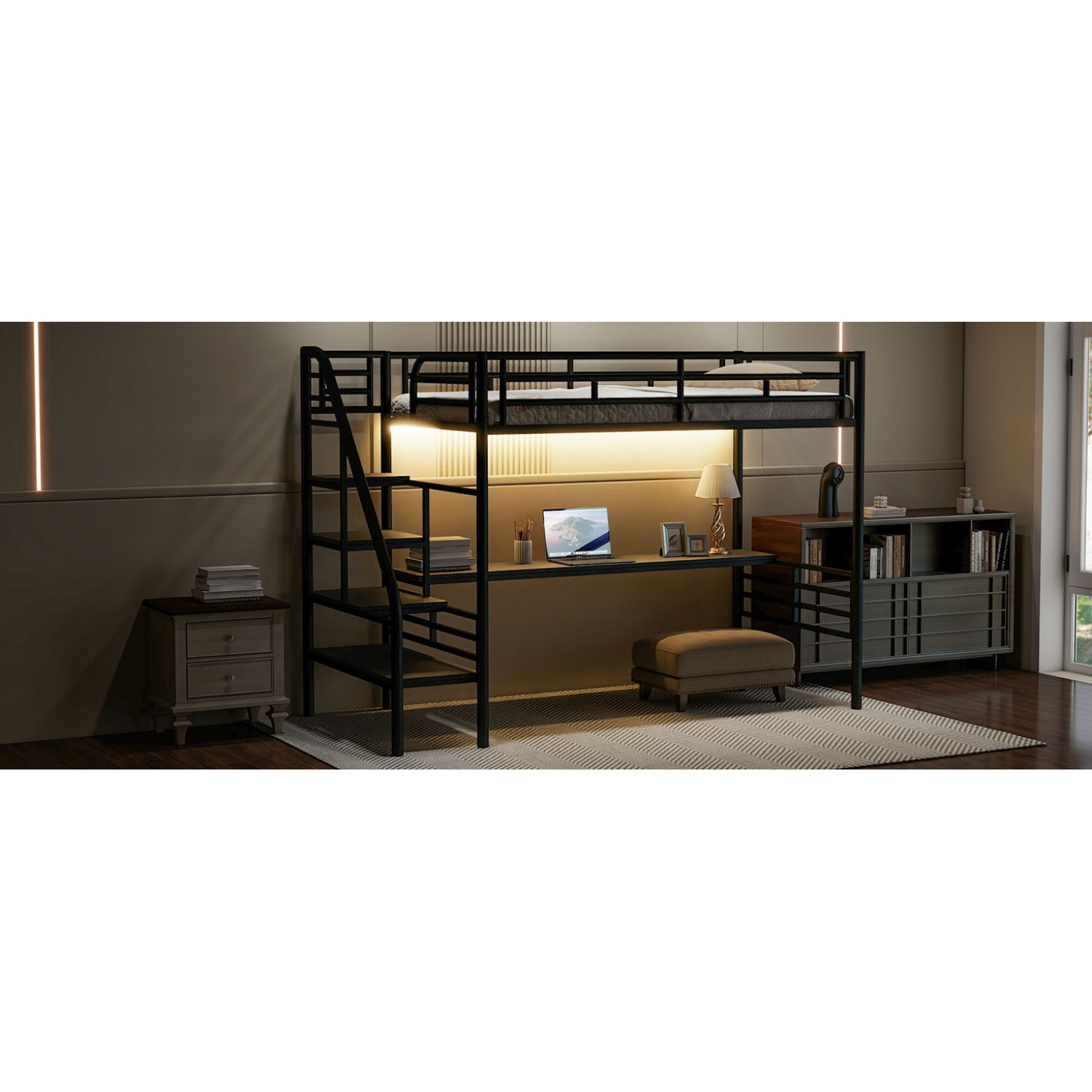 Metal Loft Bed Frame with Desk and LED Light, No Box Spring Needed,Twin ,Black