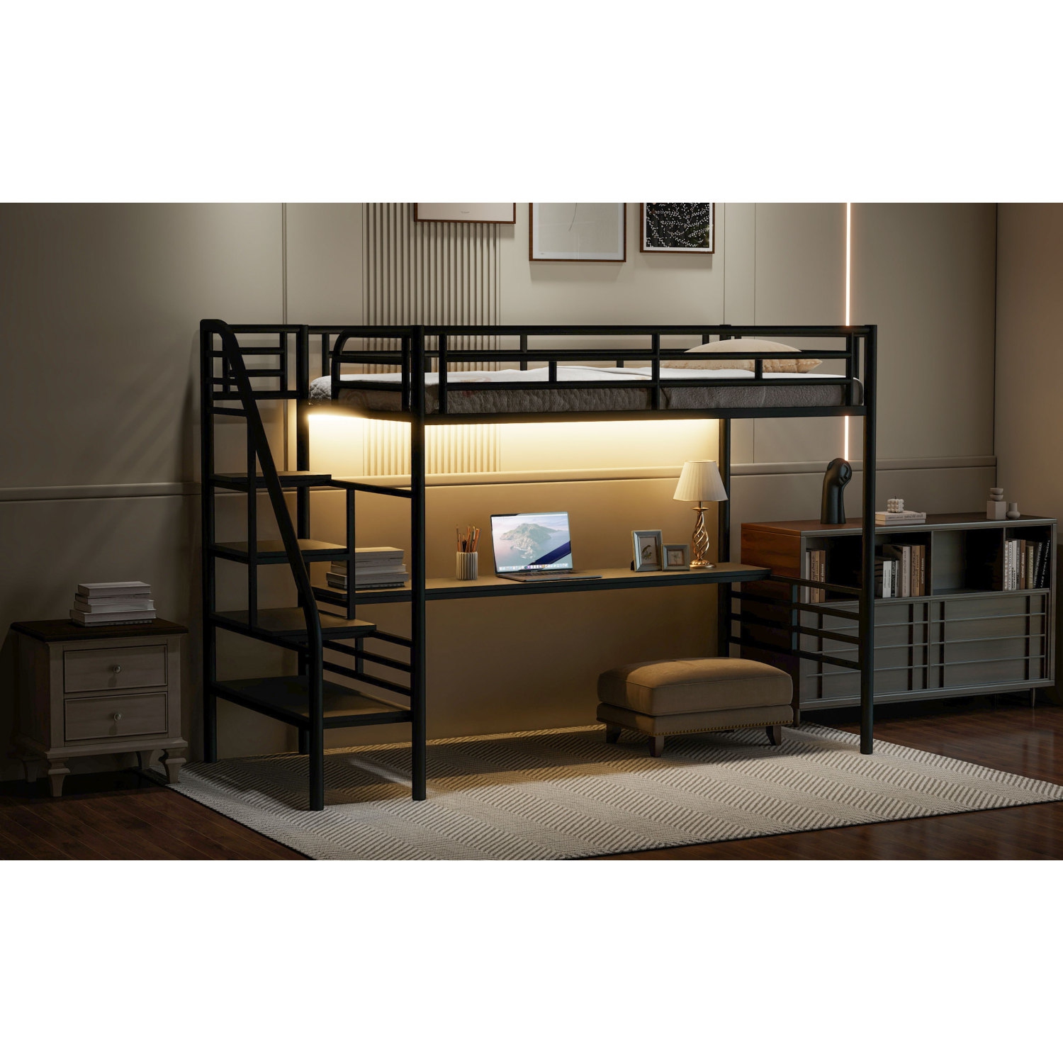Metal Loft Bed Frame with Desk and LED Light, No Box Spring Needed,Twin ,Black