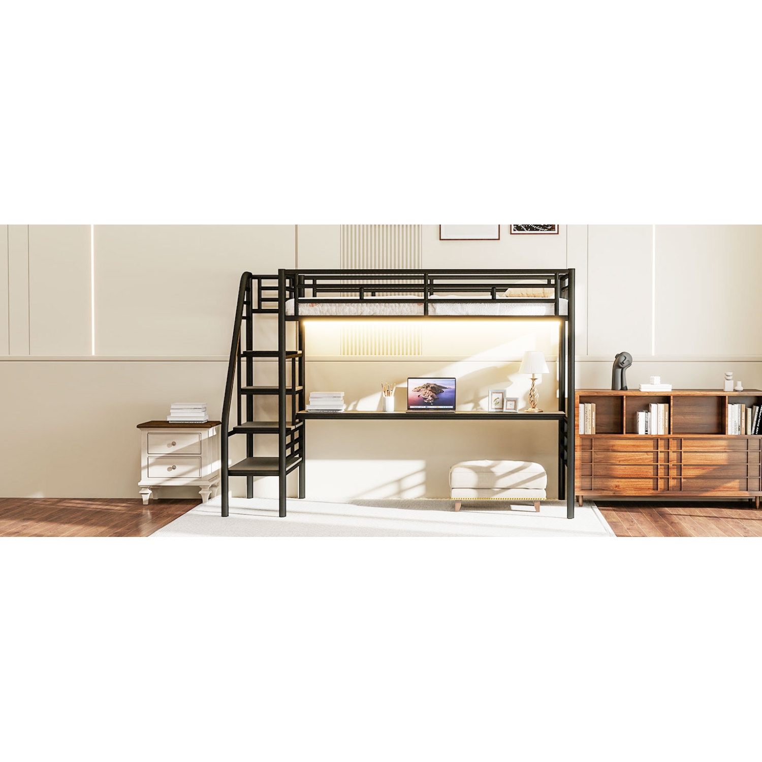 Metal Loft Bed Frame with Desk and LED Light, No Box Spring Needed,Twin ,Black