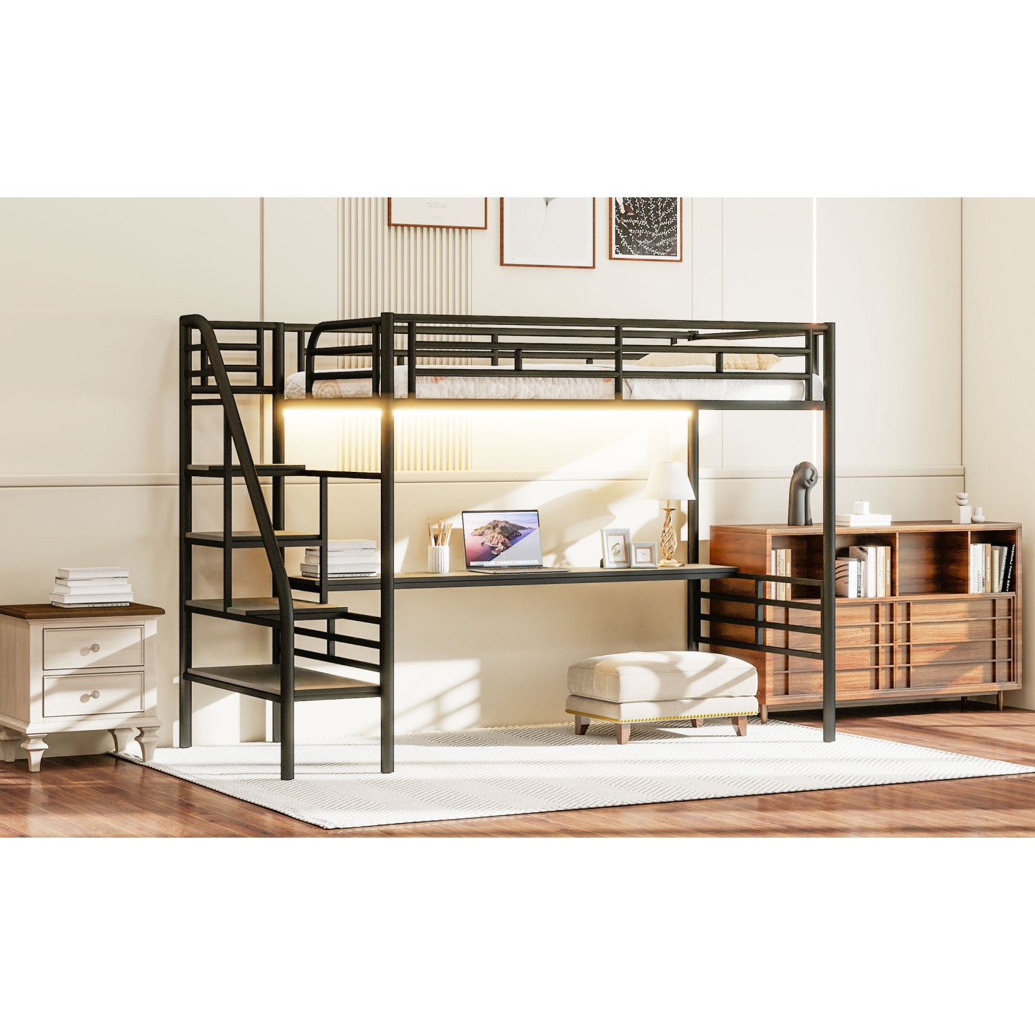 Metal Loft Bed Frame with Desk and LED Light, No Box Spring Needed,Twin ,Black