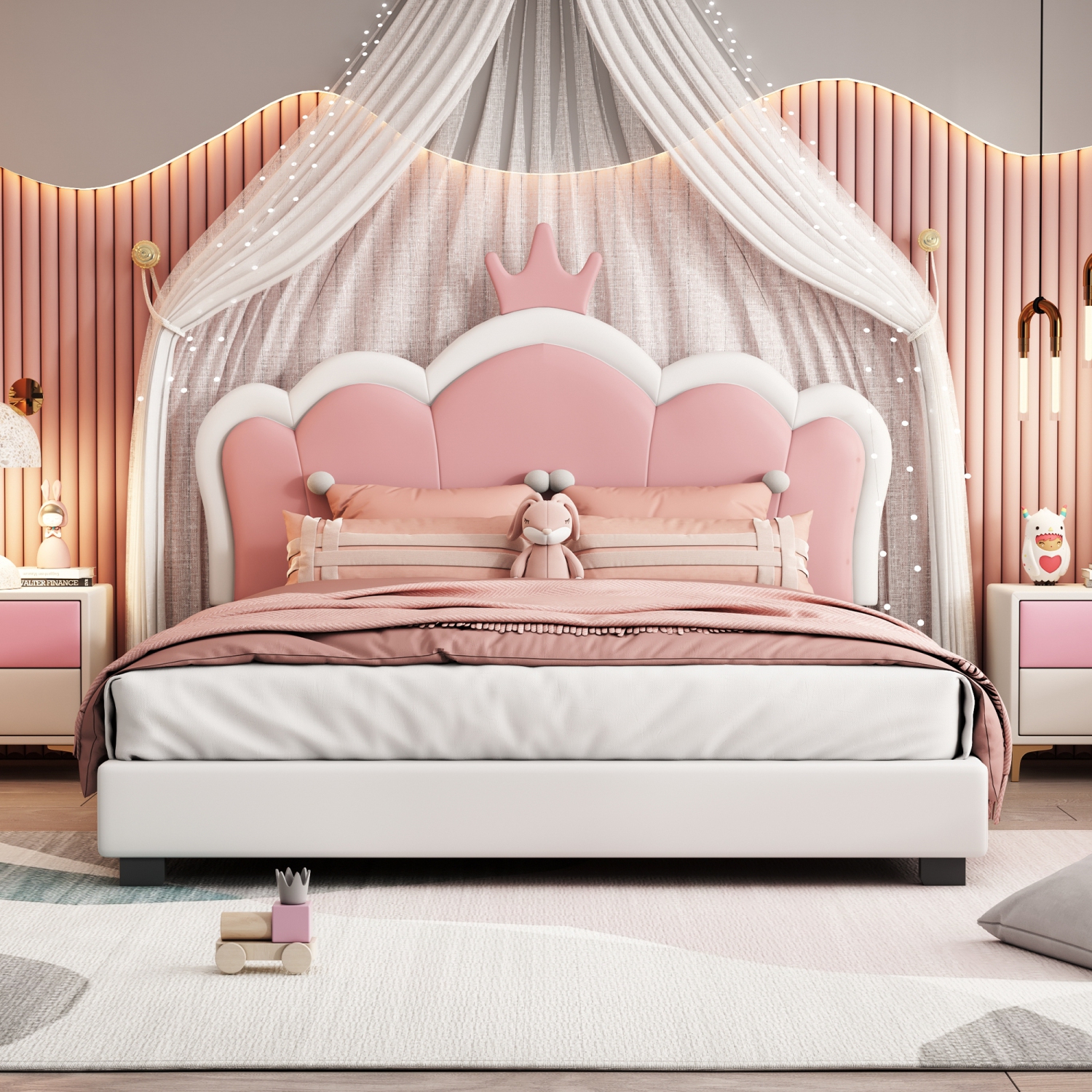 Princess Bed with Crown Headboard - Full Size, Cream+Pink