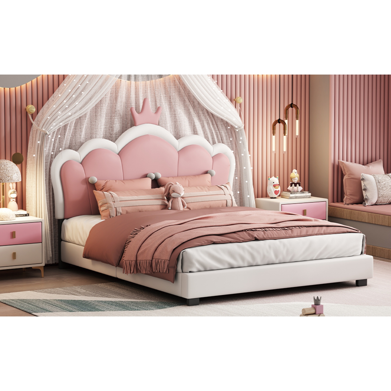 Princess Bed with Crown Headboard - Full Size, Cream+Pink