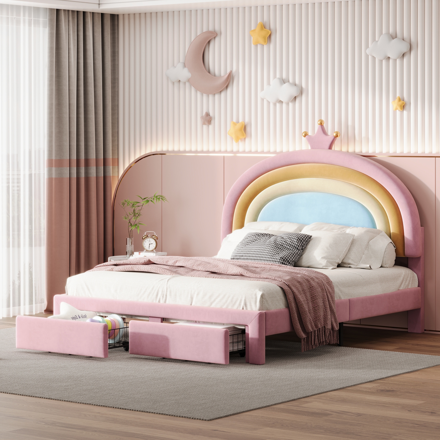 Rainbow Velvet Platform Bed w/ Storage - Full Size, Pink