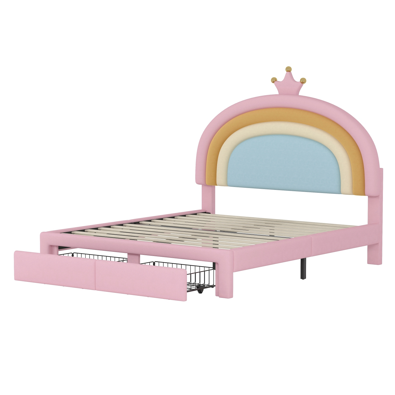Rainbow Velvet Platform Bed w/ Storage - Full Size, Pink