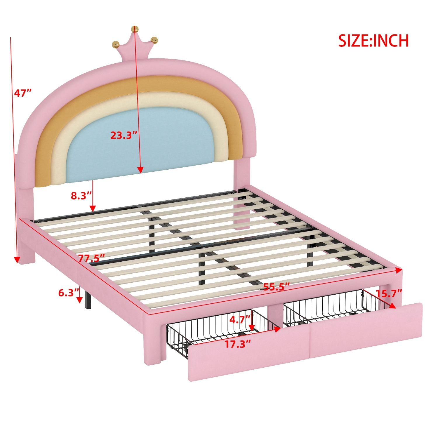 Rainbow Velvet Platform Bed w/ Storage - Full Size, Pink