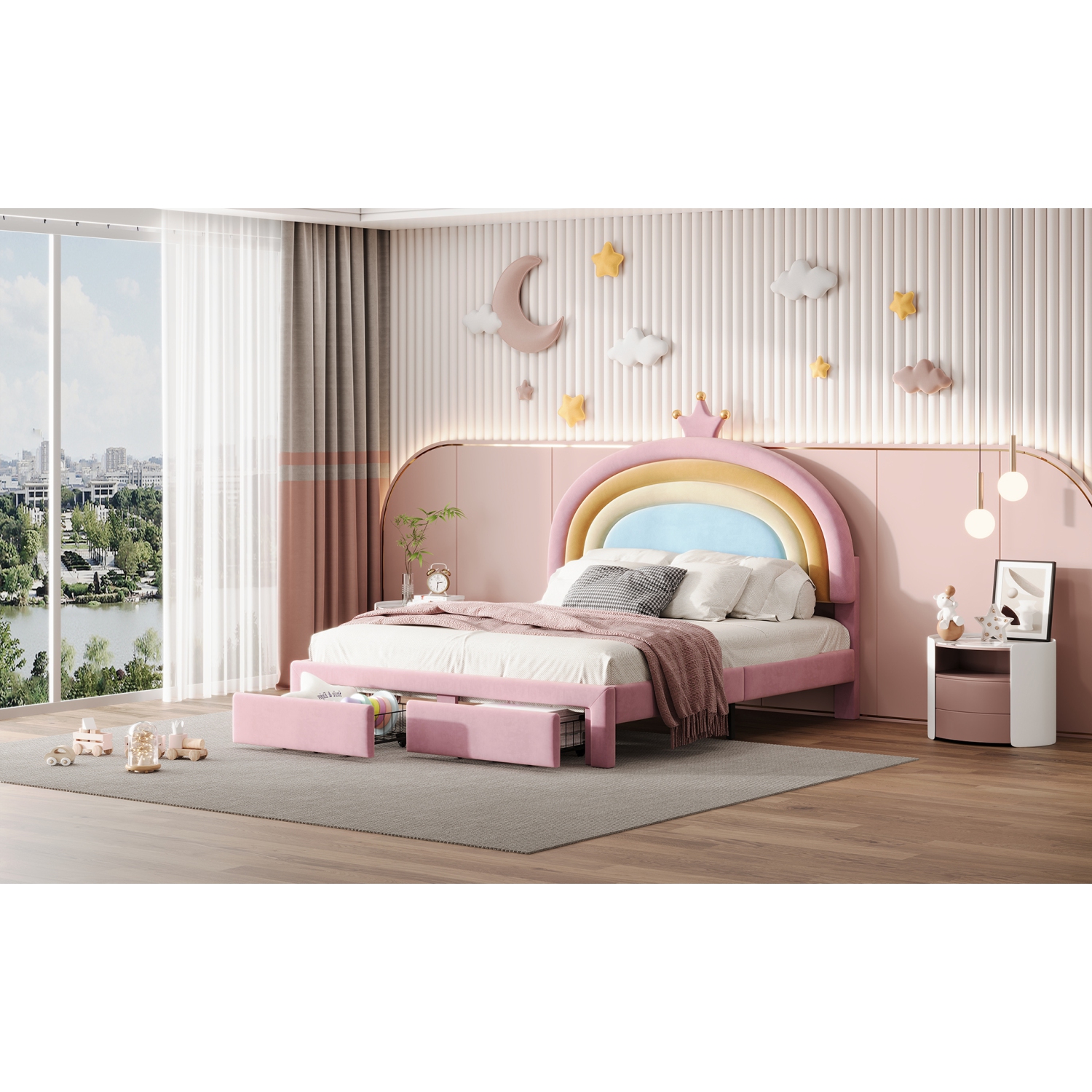 Rainbow Velvet Platform Bed w/ Storage - Full Size, Pink