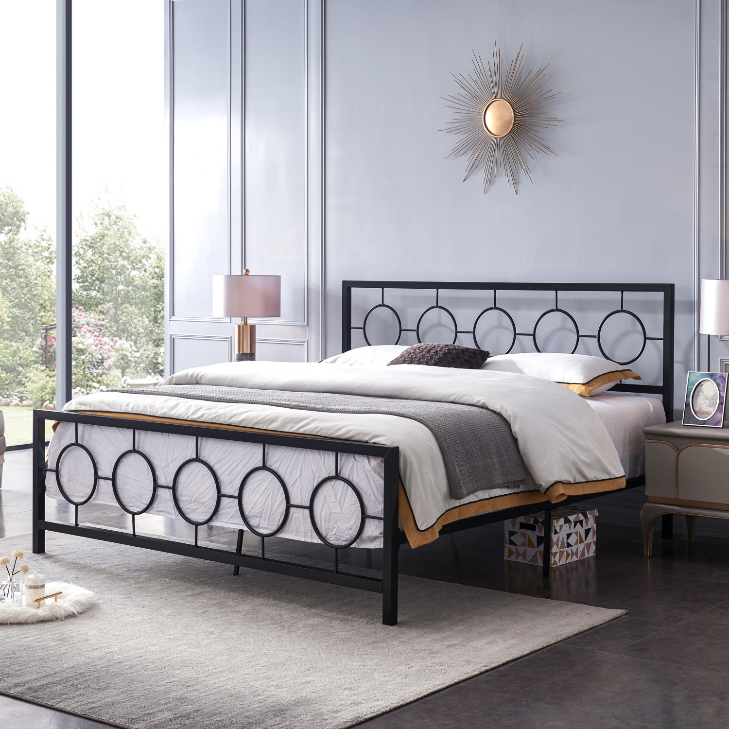Black King Metal Bed Frame - Circular Headboard & Footboard