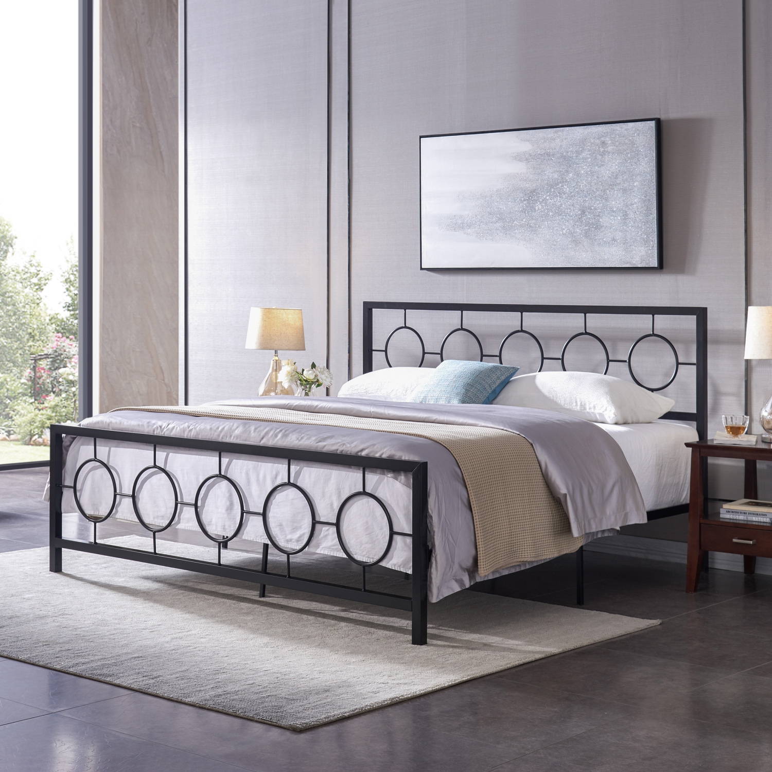 Black King Metal Bed Frame - Circular Headboard & Footboard