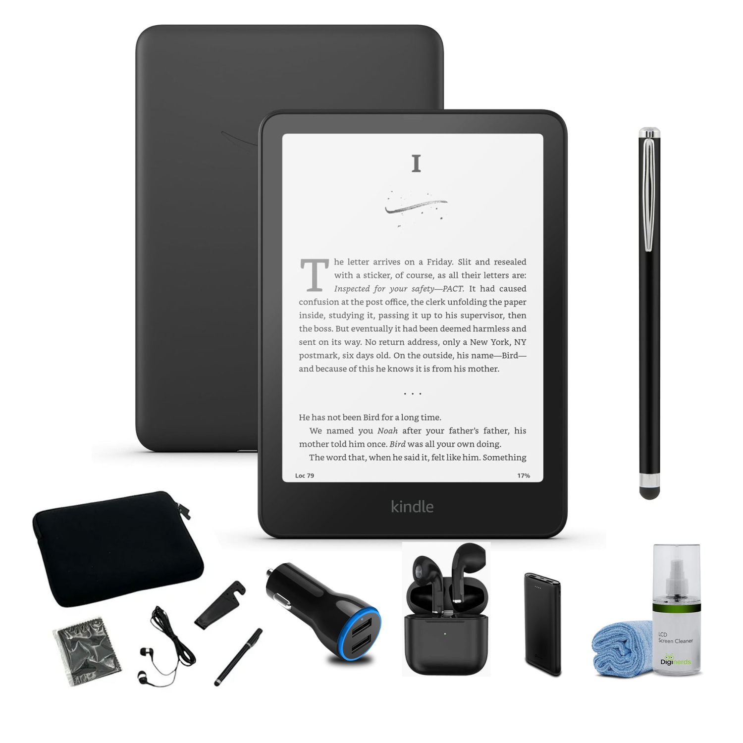 7 inch Kindle Paperwhite (16 GB) - 2024 - Black + Tablet Essentials Starter Kit 5 Piece (10 inch sleeve earbuds stylus cleaning cloth stand) -Black + More