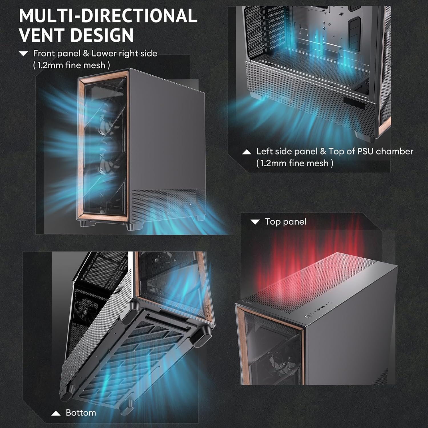 Antec Flux Pro, 6 x PWM Fans Included, High-Airflow Front Panel with Walnut Wood, iShift PSU 90° Mount, USB3.0 x 2, Type-C, 420mm Radiator Support,