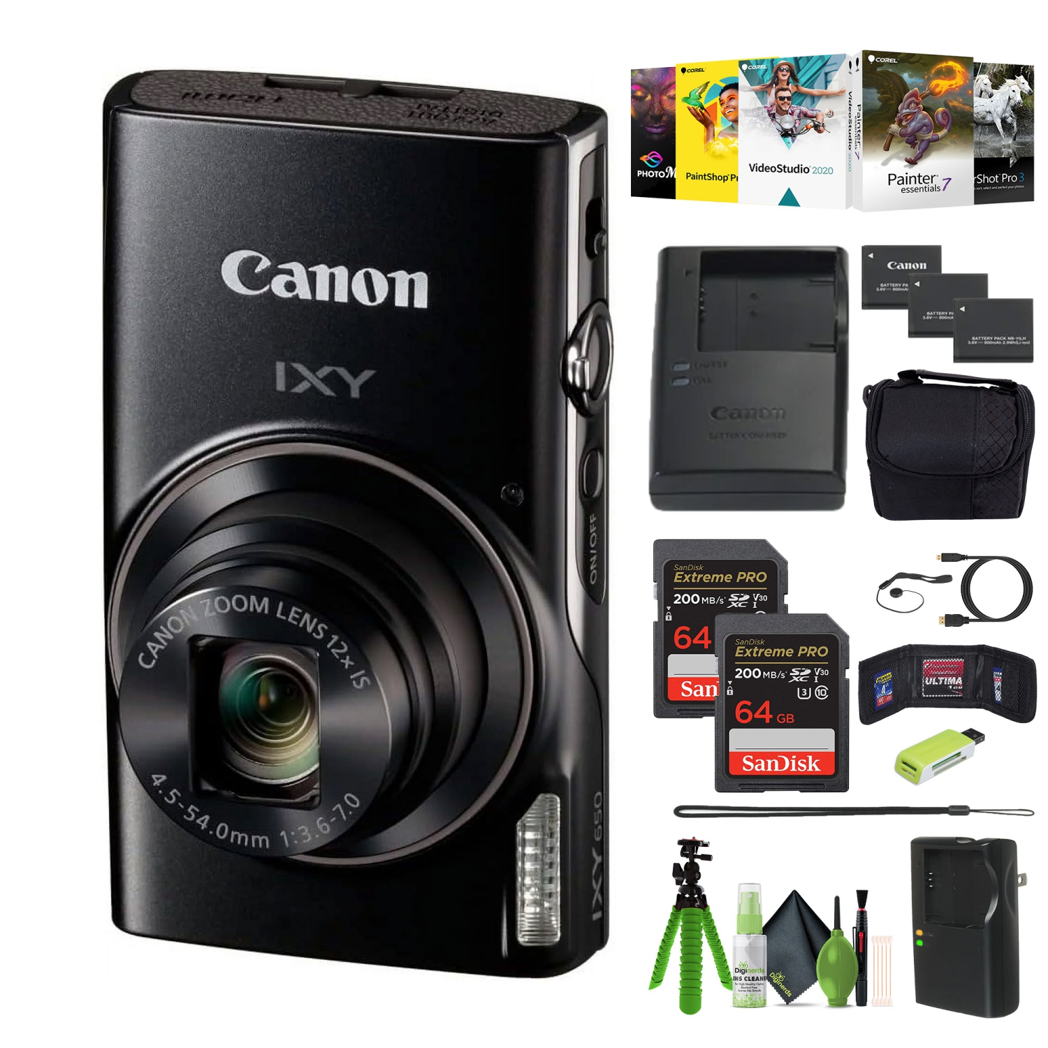 Canon Compact Camera IXY 650 12x Optical Zoom IXY650 Black Bundle