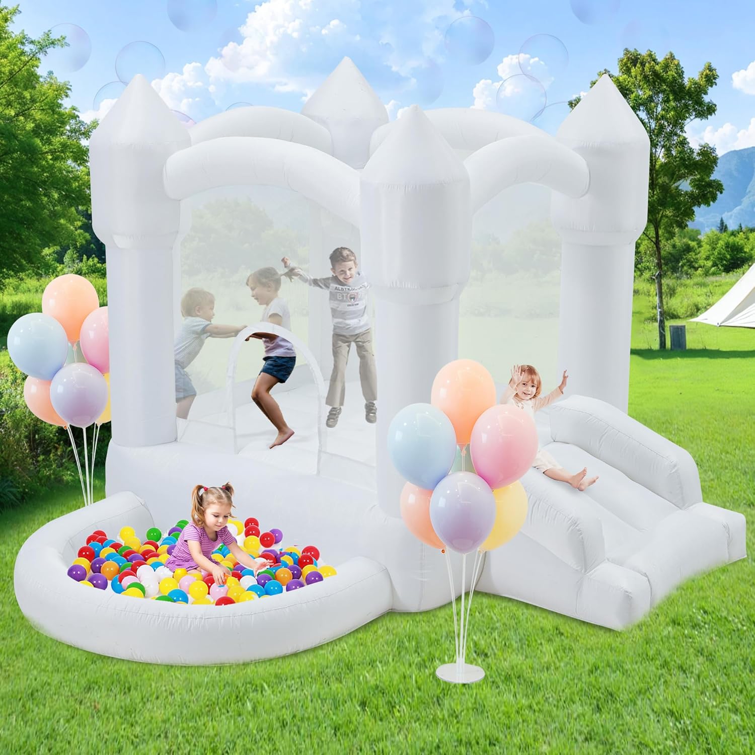 EROMMY 10.5x 9x 7ft Inflatable Bounce House with Ball Pool & Slide, Indoor/Outdoor Kids Play Castle, White