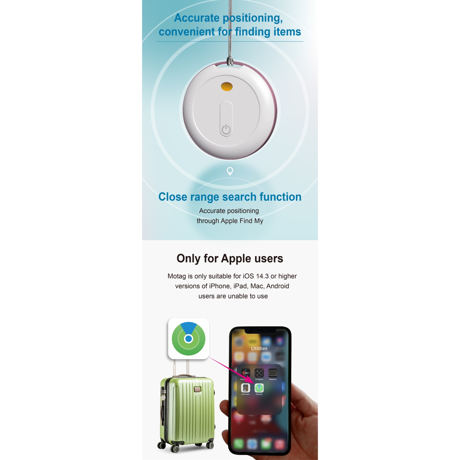 Motag Anti-lost Device Waterproof IP67 Plastic Wallet Car Tracking Key Item Locator Certified Elderly Anti-lost Locator Wallet Key Item Car Pet