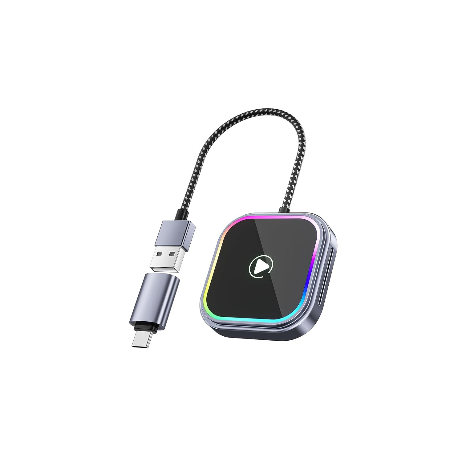 Adaptateur CarPlay sans fil 2-en-1 pour iPhone et Android, éclairage réactif audio, clé CarPlay d'Apple et adaptateur pour l'auto Android, taille