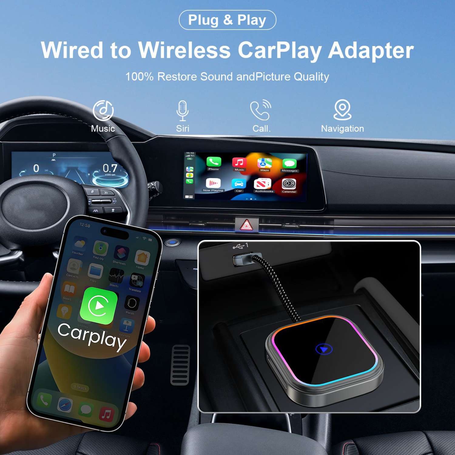 Adaptateur CarPlay sans fil 2-en-1 pour iPhone et Android, éclairage réactif audio, clé CarPlay d'Apple et adaptateur pour l'auto Android, taille