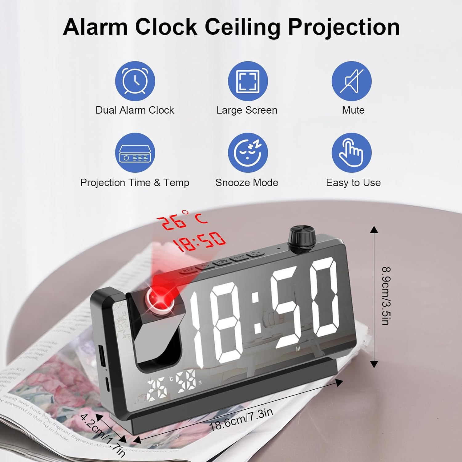 Projection Alarm Clock, Digital Clock with 180° Projector, 7 Inch Large LED Display Temperature and Humidity Display, Dual USB Ports Dual Alarm