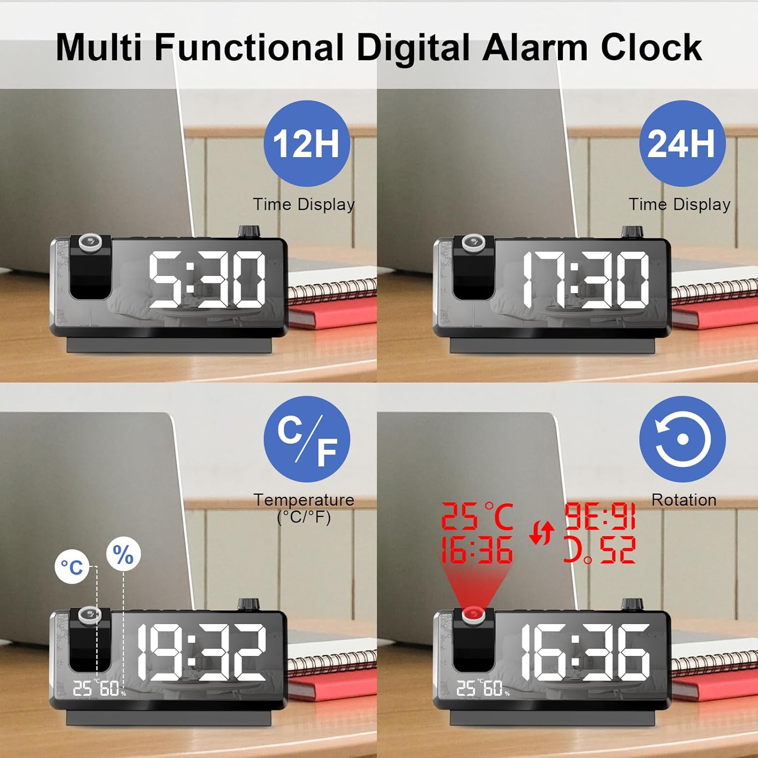 Projection Alarm Clock, Digital Clock with 180° Projector, 7 Inch Large LED Display Temperature and Humidity Display, Dual USB Ports Dual Alarm