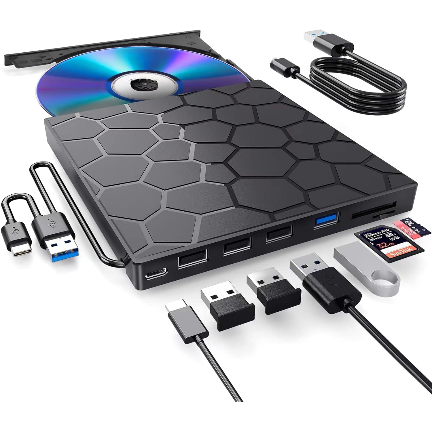 Lecteur optique externe multifonctionnel Le graveur DVD 7 en 1 USB3.0TYPE peut se connecter à un lecteur externe de CD/DVD pour ordinateur portatif