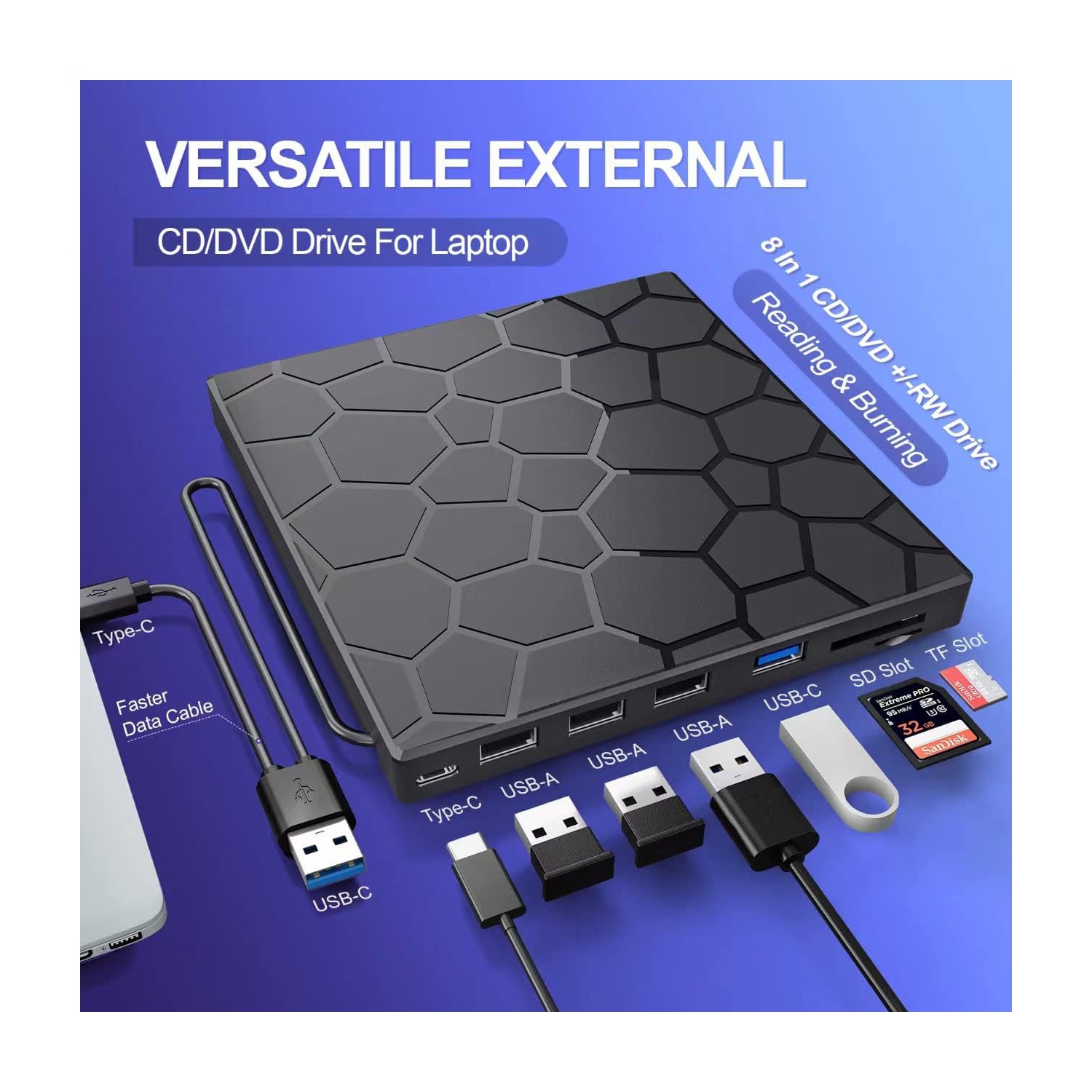 Lecteur optique externe multifonctionnel Le graveur DVD 7 en 1 USB3.0TYPE peut se connecter à un lecteur externe de CD/DVD pour ordinateur portatif