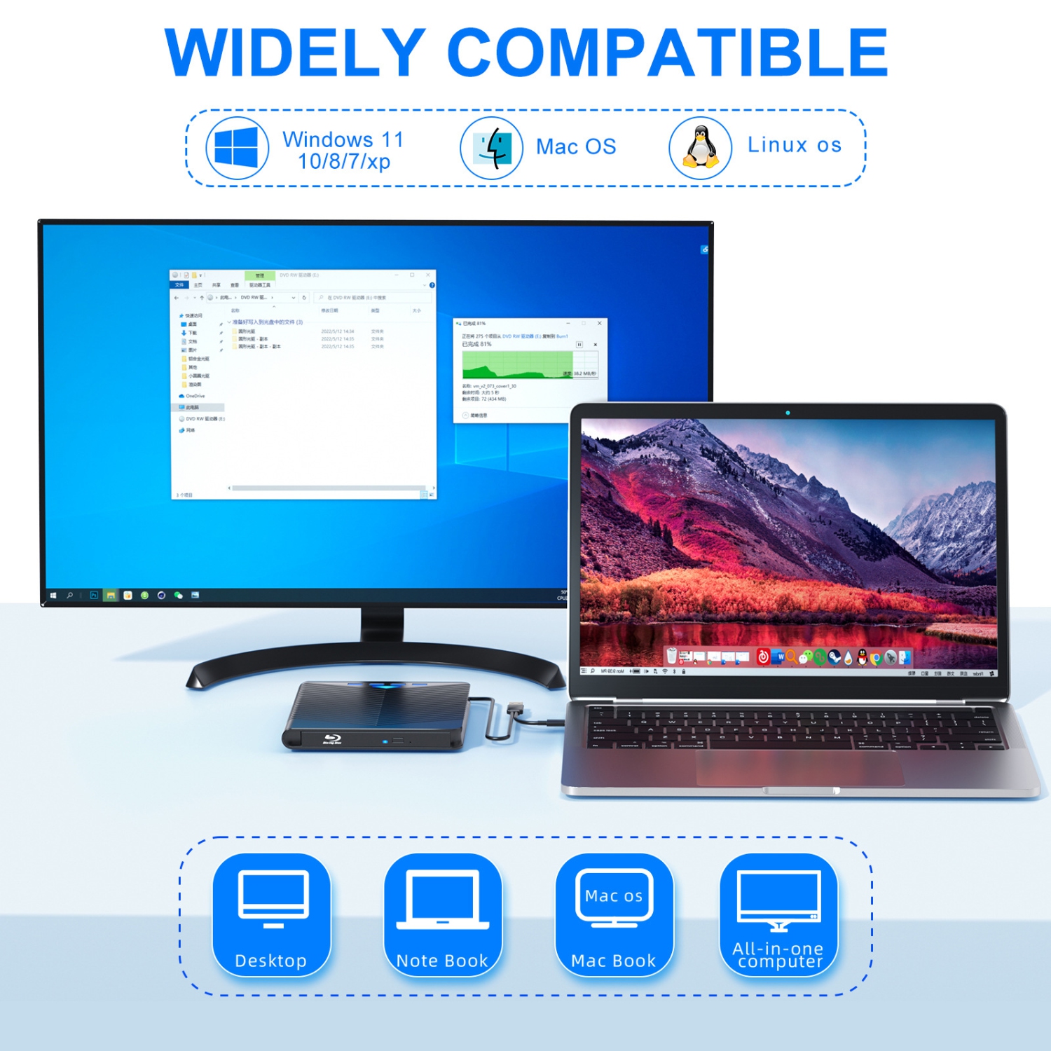 Graveur DVD externe 7-en-1 de type PC portatif; Carte SD; Lecteur optique mobile externe USB; [DVD/CD/VCD]; lisez et gravez tout-en-un