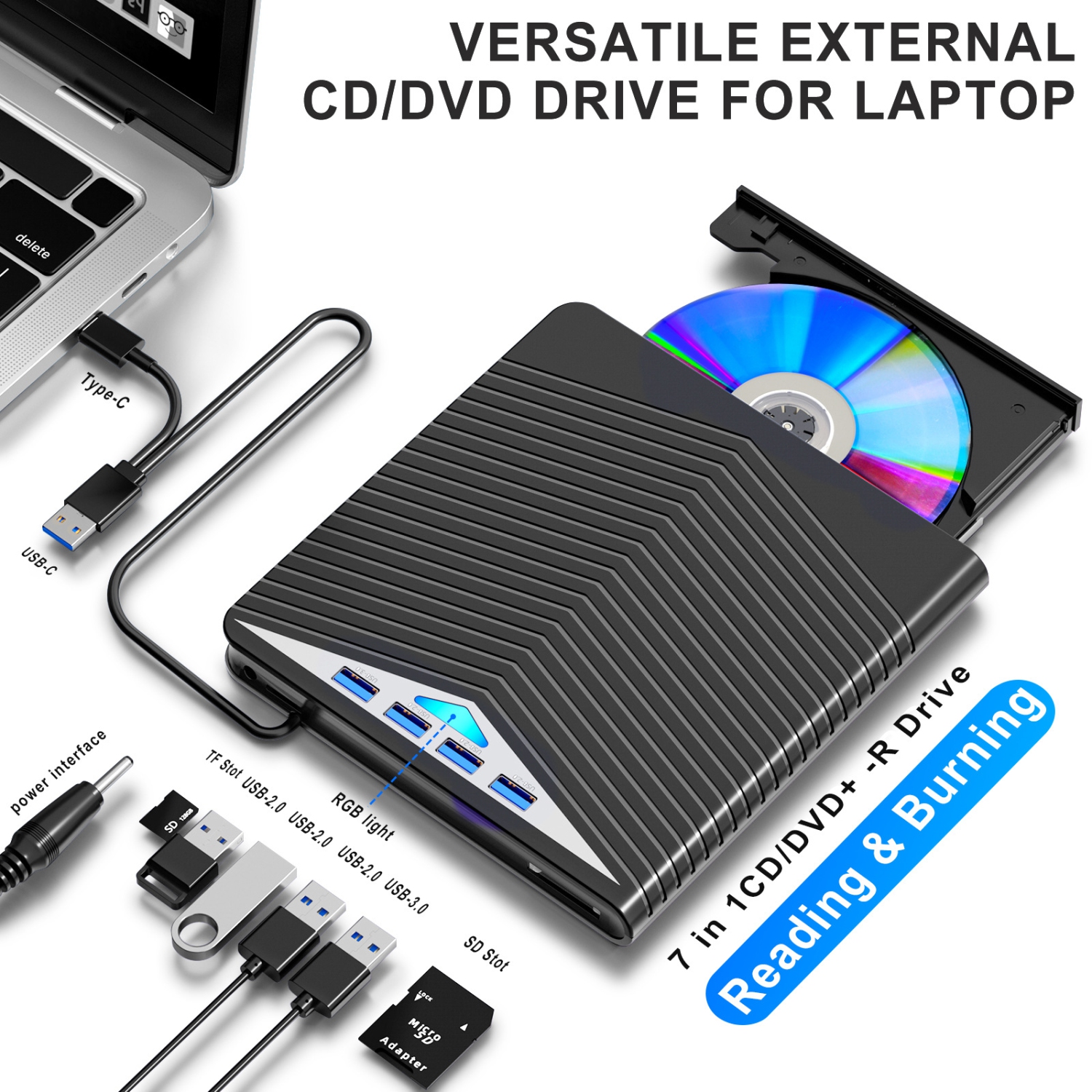 Graveur DVD externe 7-en-1 de type PC portatif; Carte SD; Lecteur optique mobile externe USB; [DVD/CD/VCD]; lisez et gravez tout-en-un