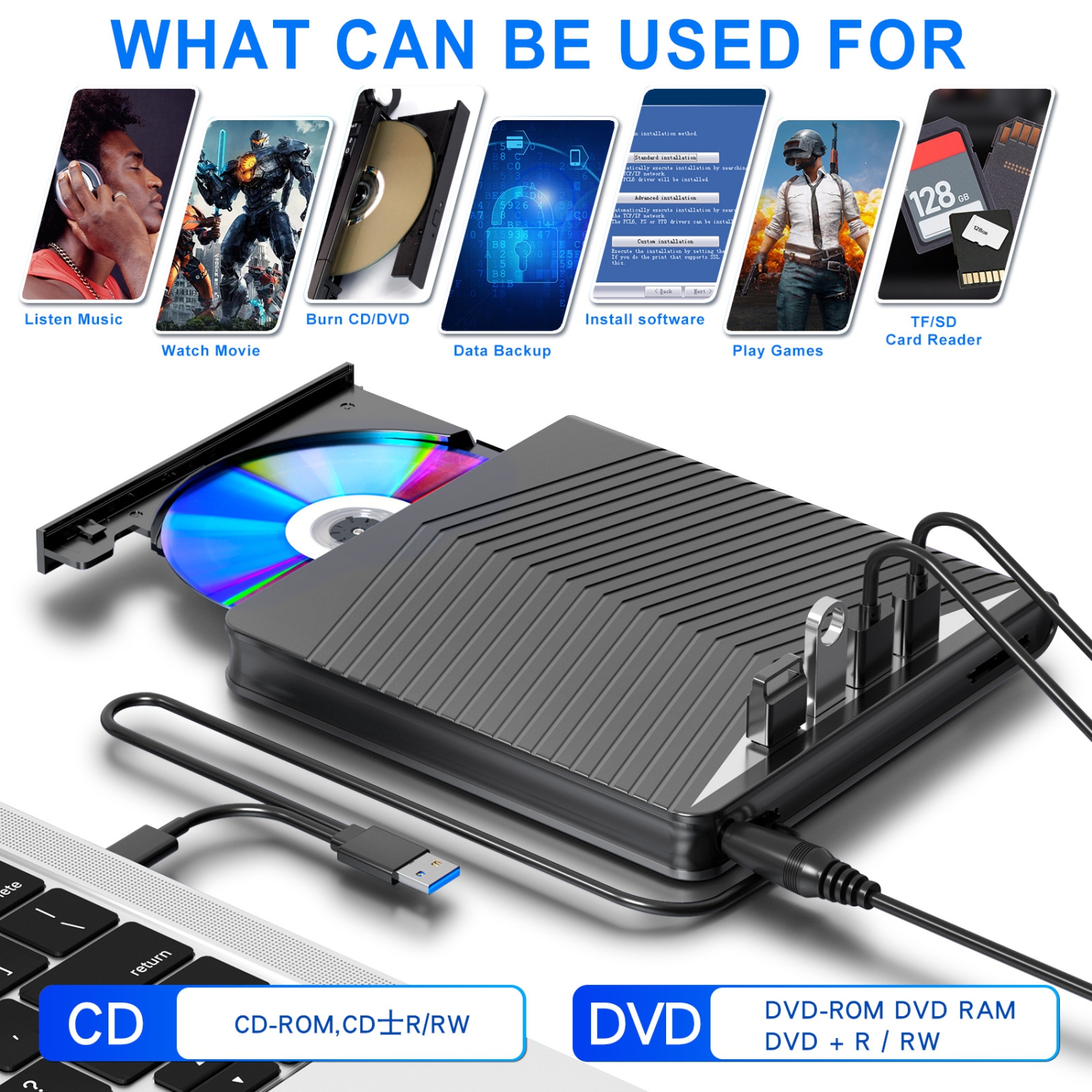 Graveur DVD externe 7-en-1 de type PC portatif; Carte SD; Lecteur optique mobile externe USB; [DVD/CD/VCD]; lisez et gravez tout-en-un