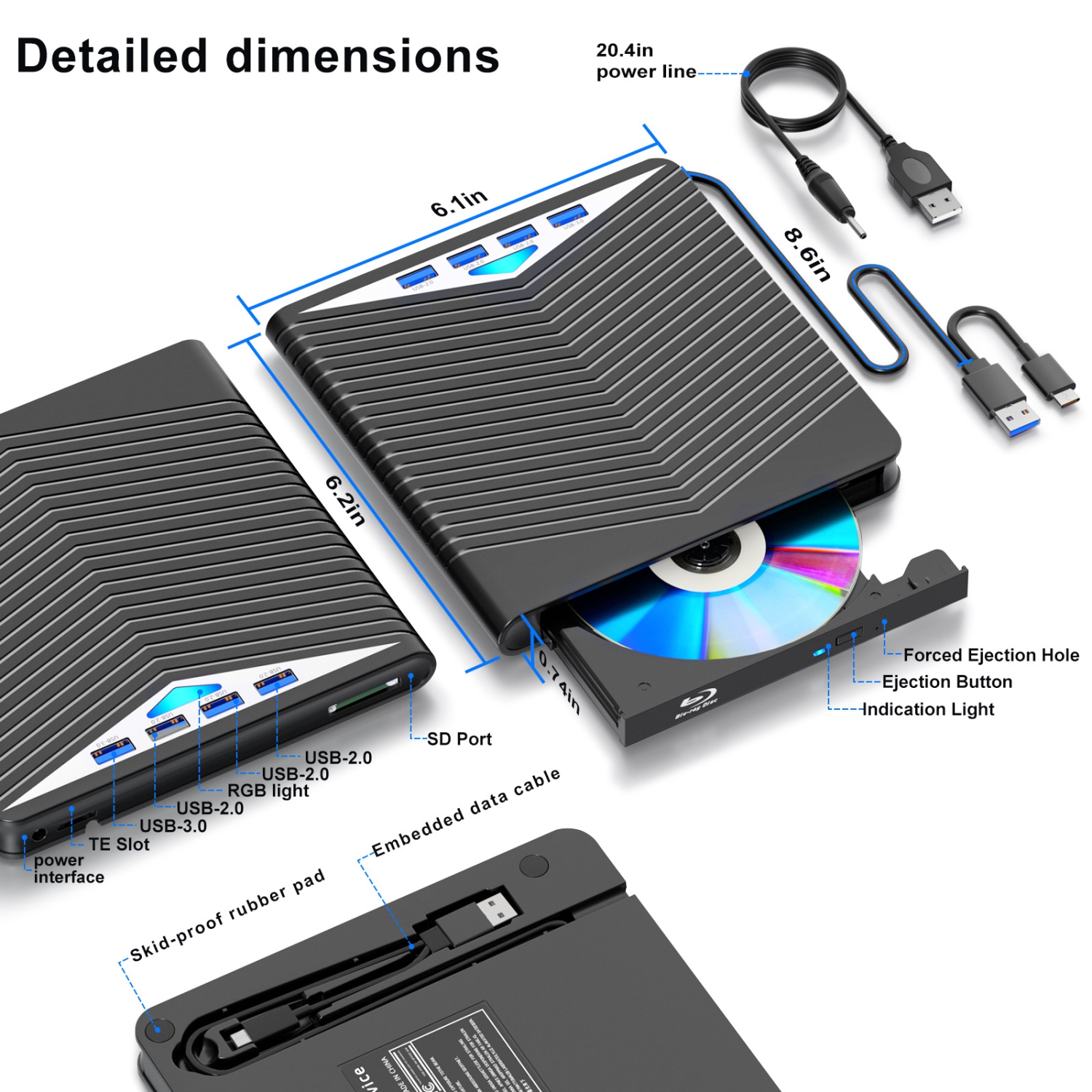 Graveur DVD externe 7-en-1 de type PC portatif; Carte SD; Lecteur optique mobile externe USB; [DVD/CD/VCD]; lisez et gravez tout-en-un