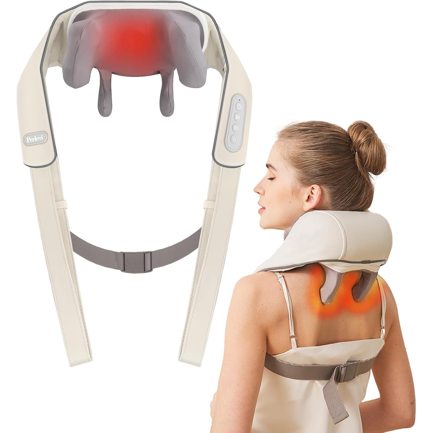 Trapezius Hot Compress Massager Shoulder and Neck Massage Electric Kneading Back Massage - Beige Brown Edge Red [Infrared Hot Compress + Three Modes