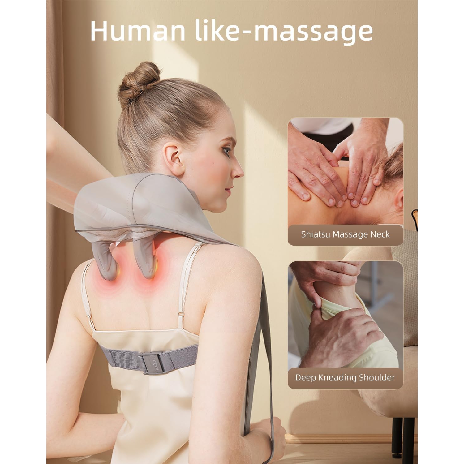 Trapezius Hot Compress Massager Shoulder and Neck Massage Electric Kneading Back Massage - Beige Brown Edge Red [Infrared Hot Compress + Three Modes
