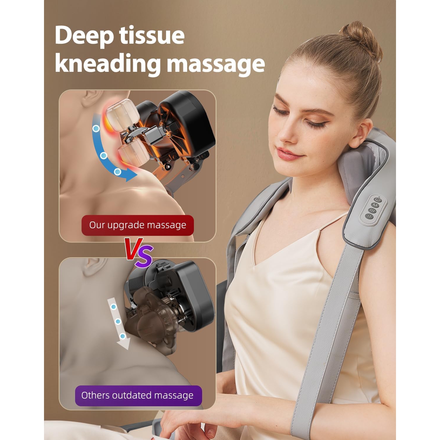 Trapezius Hot Compress Massager Shoulder and Neck Massage Electric Kneading Back Massage - Beige Brown Edge Red [Infrared Hot Compress + Three Modes