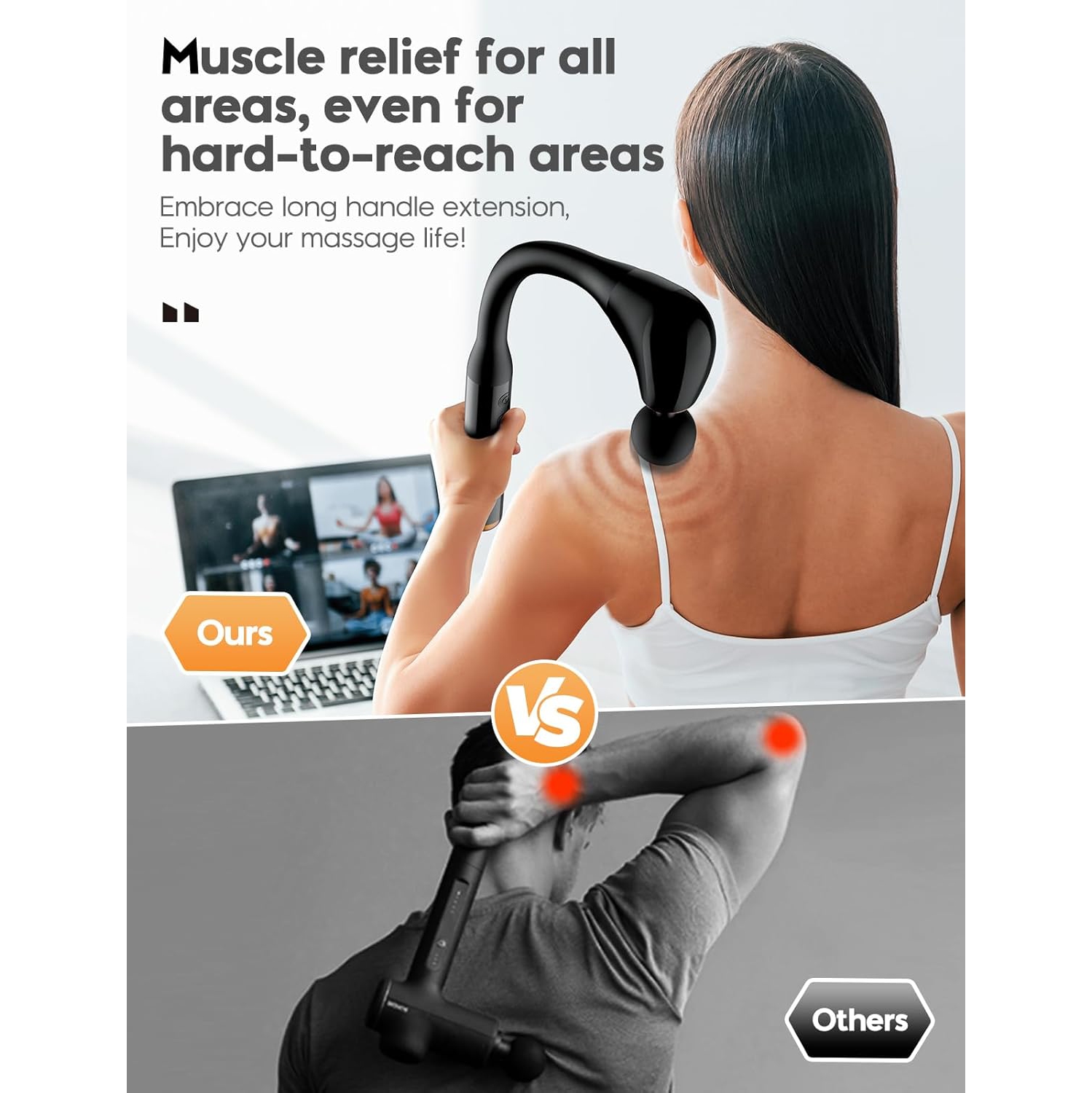 Massage Gun with Upgraded Extended Handle, Massage Gun Back Massager, Muscle/Neck/Shoulder/Waist/Leg Massager Portable Pain Relief, 4 Massage Heads