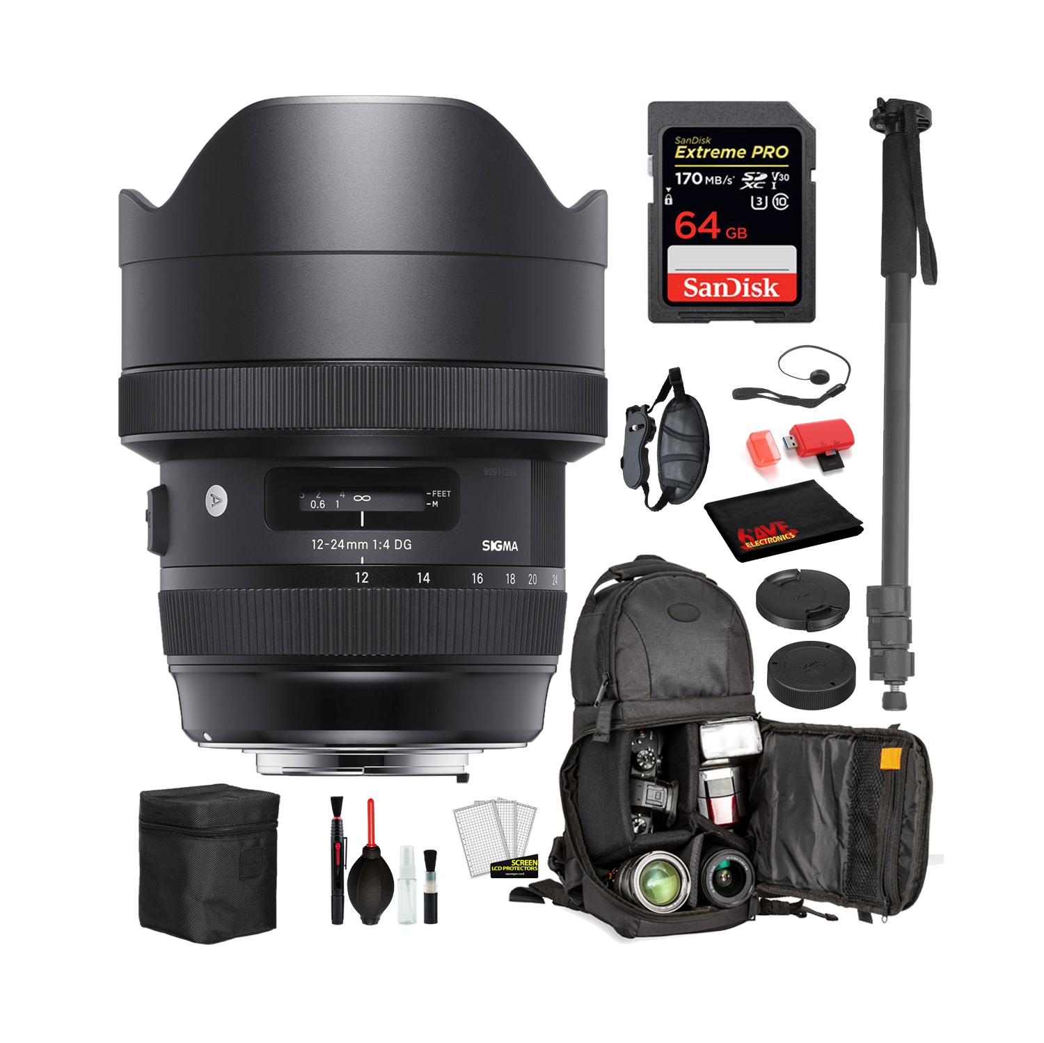 Sigma 12-24mm f/4 DG HSM Art Lens for Nikon F with Bundle: Sandisk extreme Pro 64gb SD Card, Sling Backpack + More