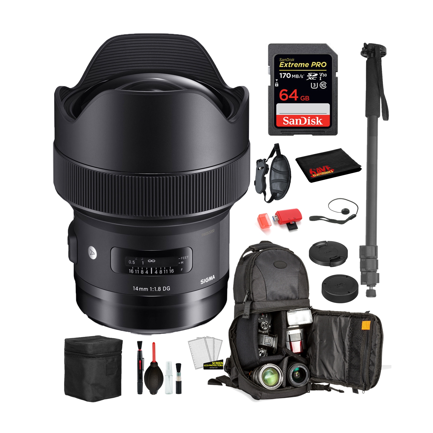 Sigma 14mm f/1.8 DG HSM Art Lens for Nikon F with Bundle: Sandisk extreme Pro 64gb SD Card, Sling Backpack + More